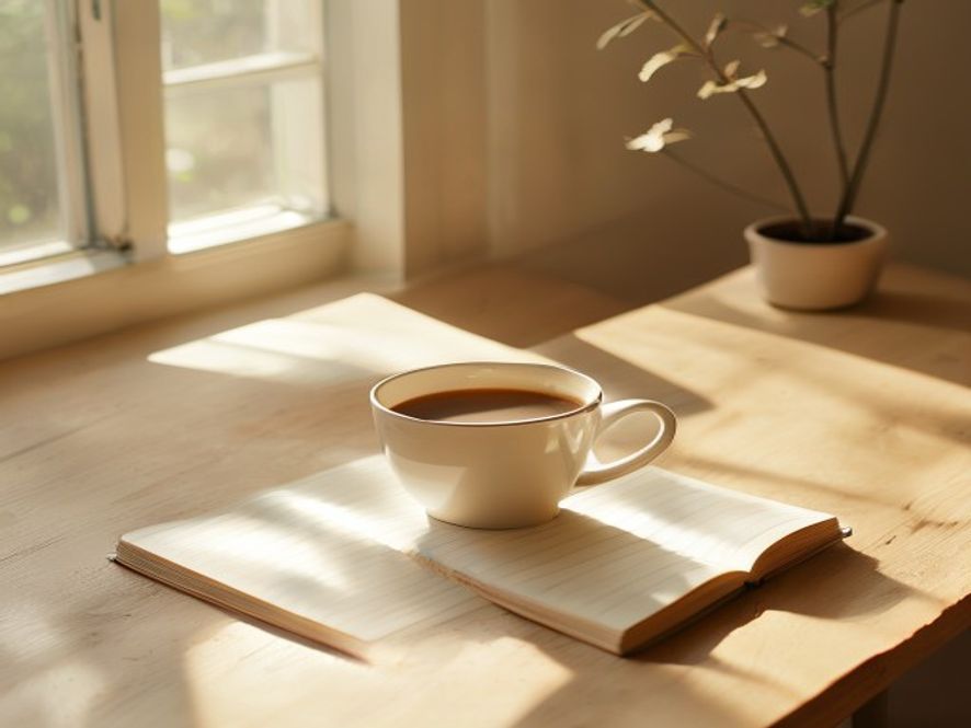 Skrivebord med kaffe, notesbog og plantekrukke i morgen sollys